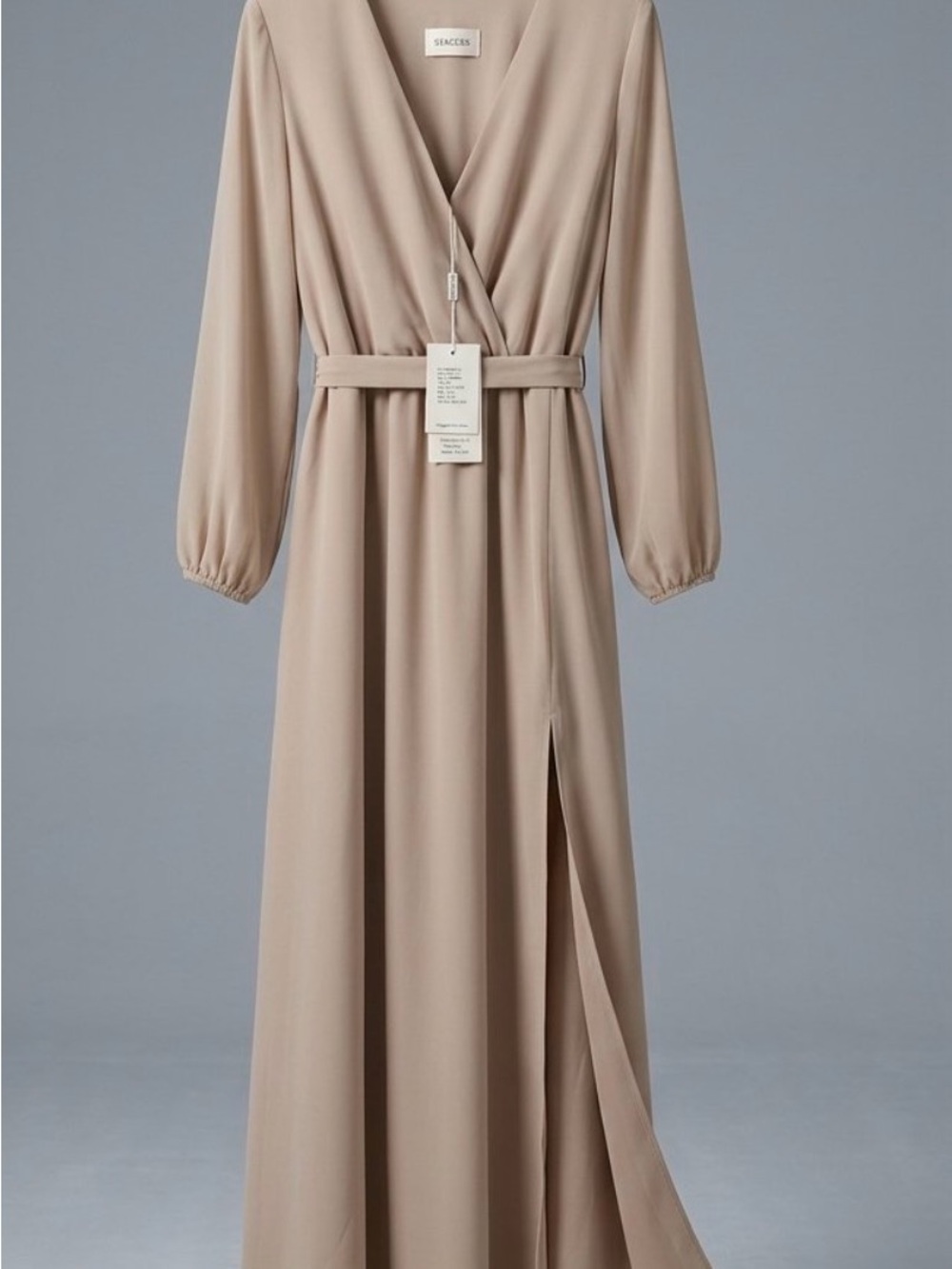 Beige Long Sleeve Maxi Wrap Dress with Belt